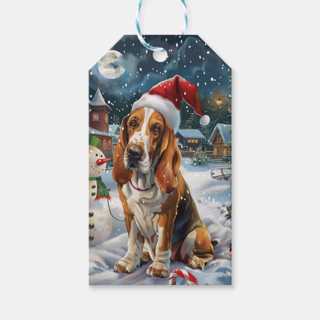 Basset Hound Hund Winter Wonderland jul Joy Presentetikett (Framsidan)