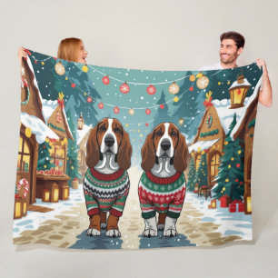 Basset Hound Hundar Jul Snö Högtid Fleecefilt