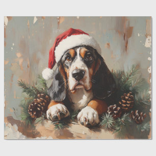 Basset Hound i en Santa Hat-Oljemålning Decoupage Presentpapper