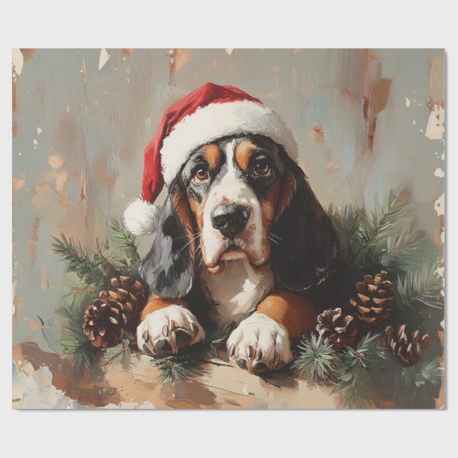 Basset Hound i en Santa Hat-Oljemålning Decoupage Presentpapper (Platt)