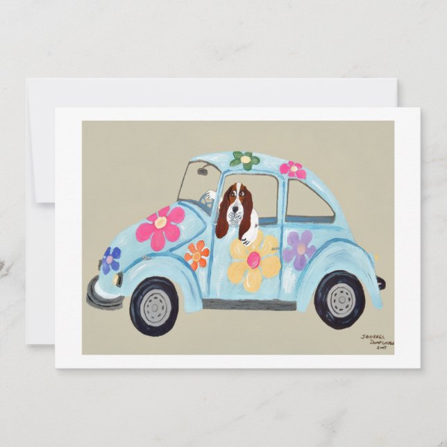 Basset Hound i Hippiebil Inbjudningar (Framsida)