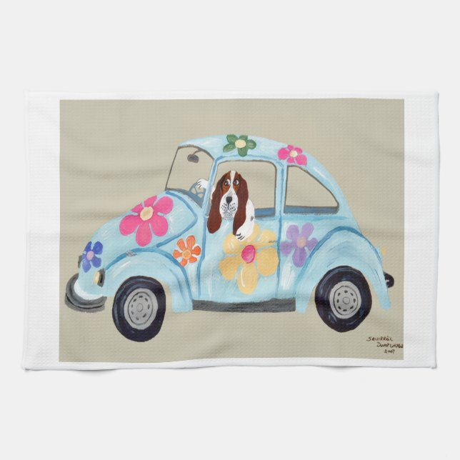 Basset Hound i Hippiebil  Kökshandduk (Horisontell)
