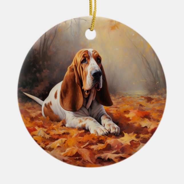 Basset Hound i Höst löv Fall Inspire Julgransprydnad Keramik (Framsidan)