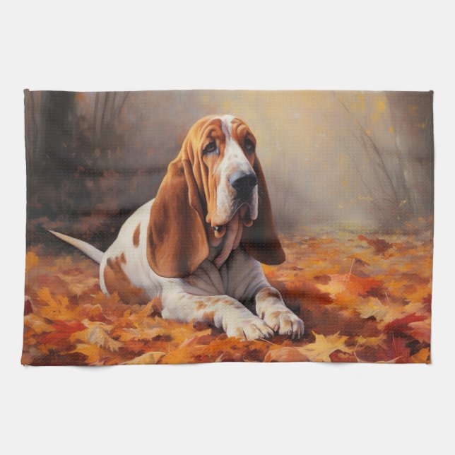 Basset Hound i Höst löv Fall Inspire Kökshandduk (Horisontell)