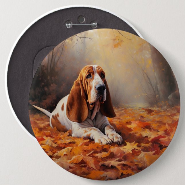 Basset Hound i höstlöv Fall Inspire Knapp (Framsida & baksida)
