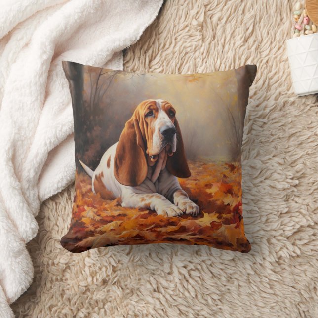 Basset Hound i höstlöv Fall Inspire Kudde (Filt)