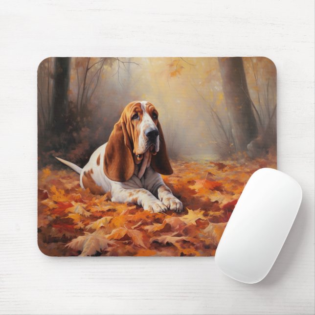 Basset Hound i höstlöv Fall Inspire Musmatta (Med mus)