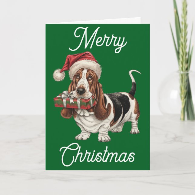 Basset Hound i julhatt present i munnen Kort (Framsida)