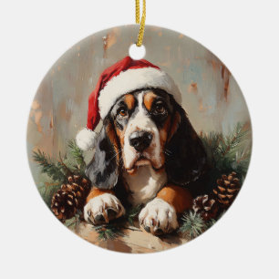 Basset Hound i Oljemålningen Santa Hat Julgransprydnad Keramik