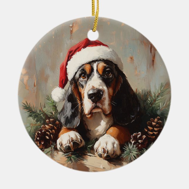 Basset Hound i Oljemålningen Santa Hat Julgransprydnad Keramik (Framsidan)