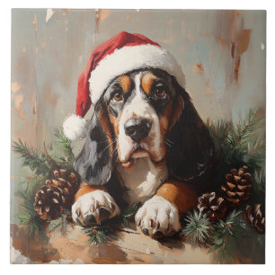 Basset Hound i Oljemålningen Santa Hat Kakelplatta