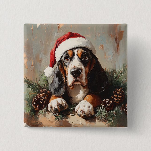 Basset Hound i Oljemålningen Santa Hat Knapp (Framsida)