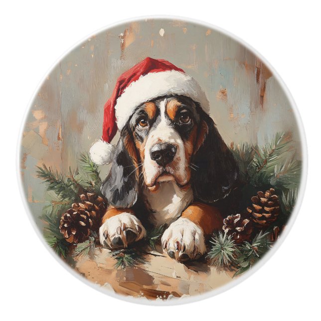 Basset Hound i Oljemålningen Santa Hat Knopp (Framsidan)