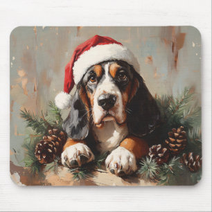 Basset Hound i Oljemålningen Santa Hat Musmatta
