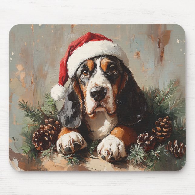 Basset Hound i Oljemålningen Santa Hat Musmatta (Framsidan)