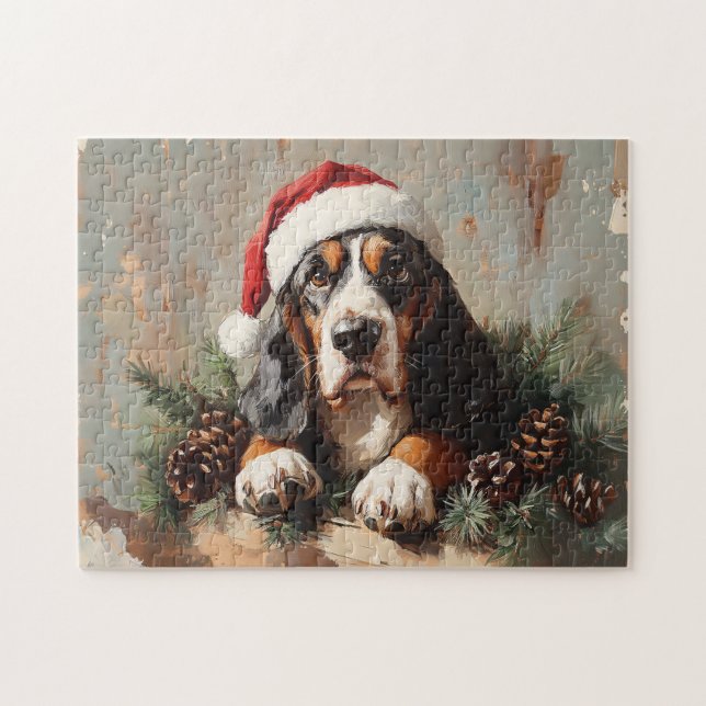 Basset Hound i Oljemålningen Santa Hat Pussel (Horisontell)