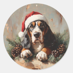 Basset Hound i Oljemålningen Santa Hat Runt Klistermärke