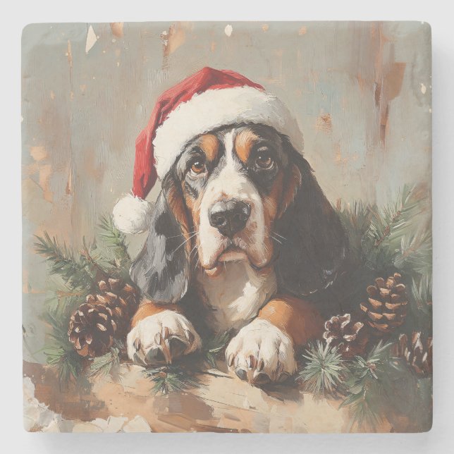 Basset Hound i Oljemålningen Santa Hat Stenunderlägg (Framsidan)