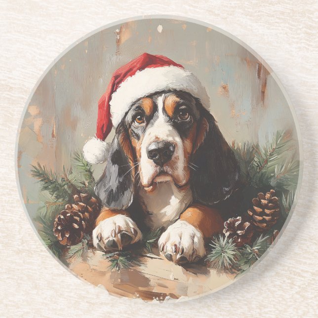 Basset Hound i Oljemålningen Santa Hat Underlägg (Framsidan)