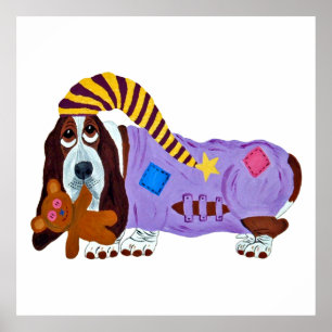 Basset Hound i pyjamas med nallebjörn Poster