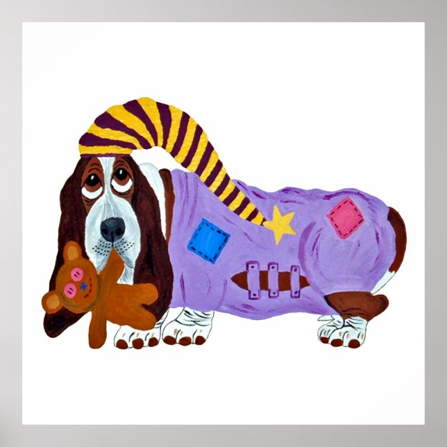Basset Hound i pyjamas med teddybjörn Poster (Framsidan)