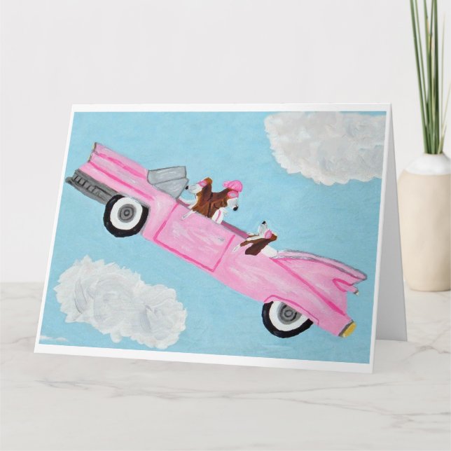 Basset Hound i rosa cabriolet på himlen Kort (Framsida)