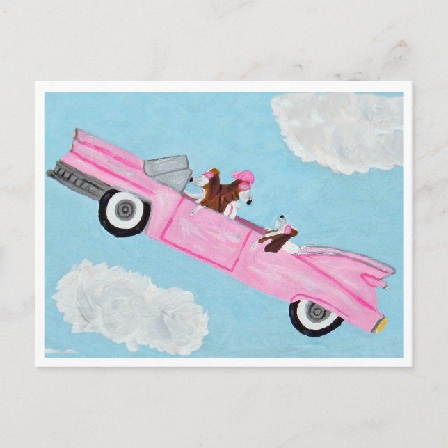 Basset Hound i rosa cabriolet på himlen Kort (Framsida)