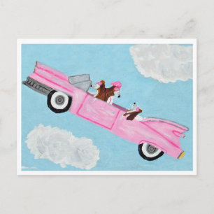 Basset Hound i rosa cabriolet på himlen-kort Helg Vykort