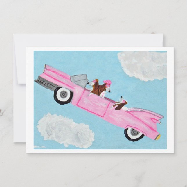 Basset Hound i rosa cabriolet på himlen-kort Inbjudningar (Framsida)