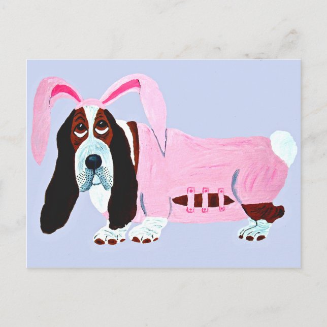 Basset Hound i rosa kanindräkt Vykort (Framsida)