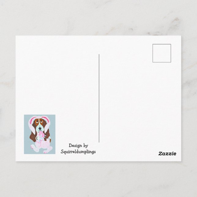 Basset Hound i rosa kanindräkt Vykort (Baksida)