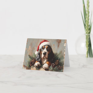 Basset Hound i Santa hatt Oljemålning Helgkort
