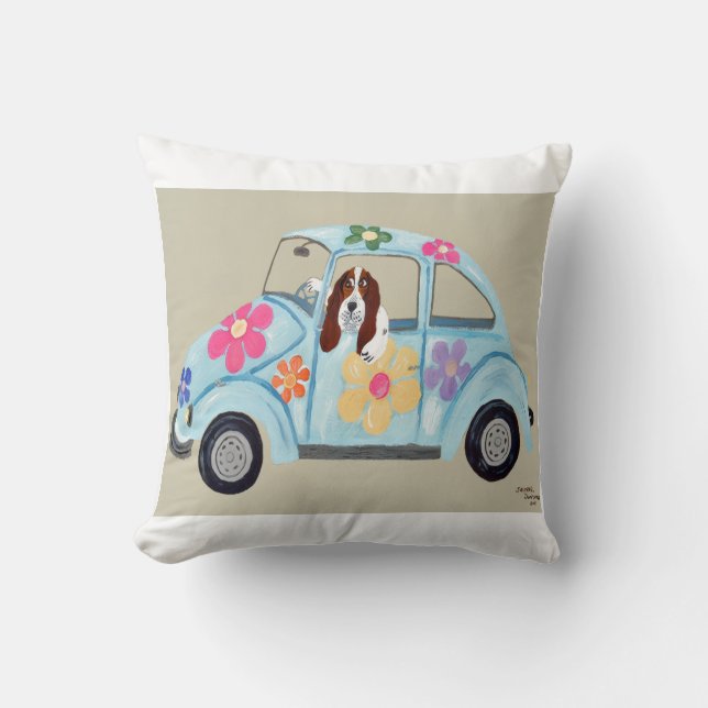 Basset Hound in Hippie Car Kudde (Framsida)