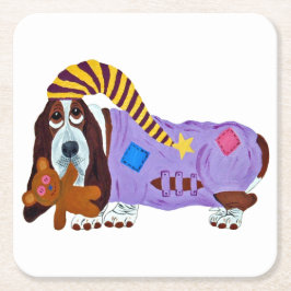 Basset Hound in PJs with teddy bear Underlägg Papper Kvadrat