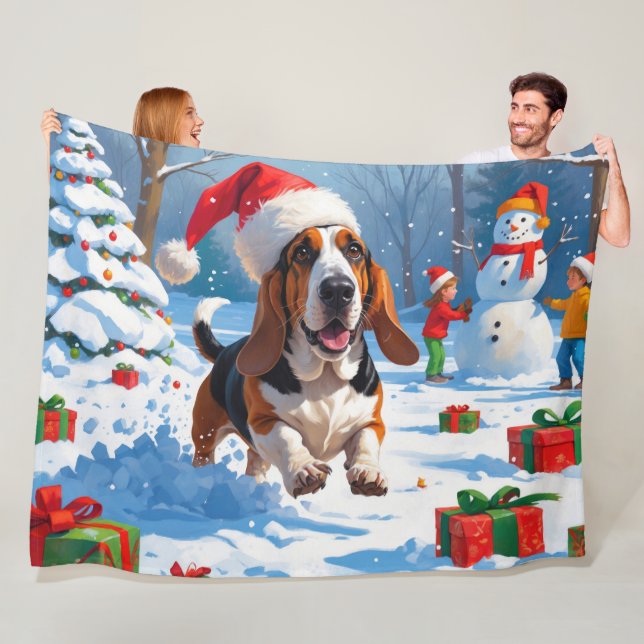 Basset Hound Jul Festiv Snö Scen Fleecefilt (På plats)