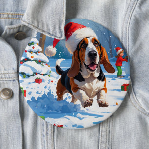 Basset Hound Jul Festiv Snö Scen Knapp