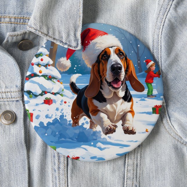 Basset Hound Jul Festiv Snö Scen Knapp (In Situ)