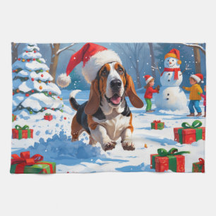 Basset Hound Jul Festiv Snö Scen Kökshandduk