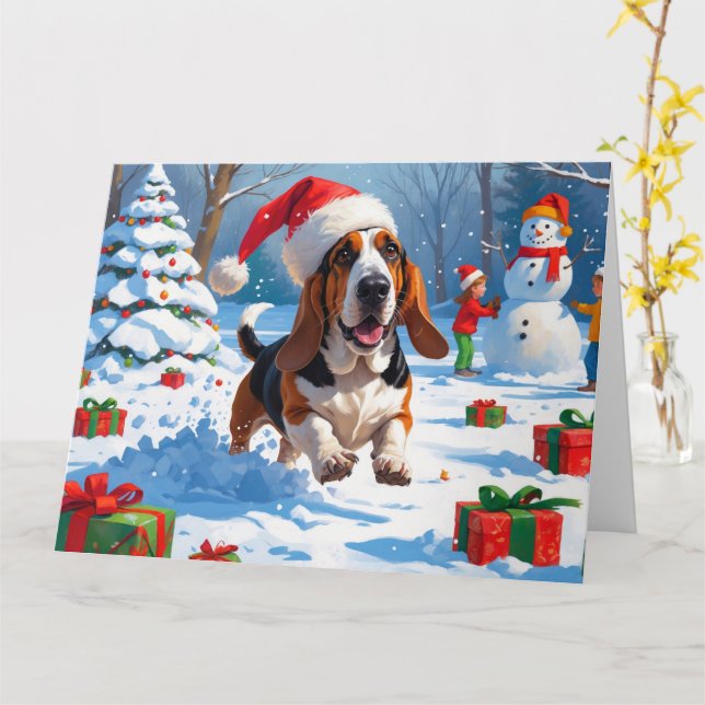 Basset Hound Jul Festiv Snö Scen Kort (Gul blomma)
