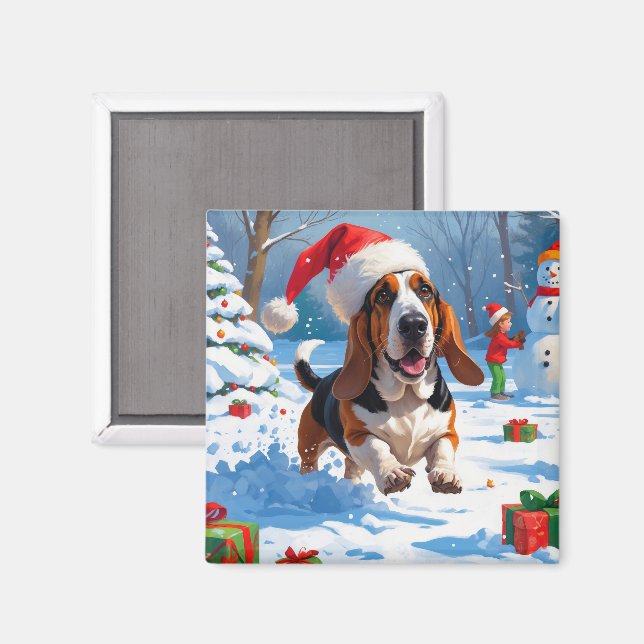 Basset Hound Jul Festiv Snö Scen Magnet (Front/Back)