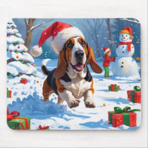 Basset Hound Jul Festiv Snö Scen Musmatta