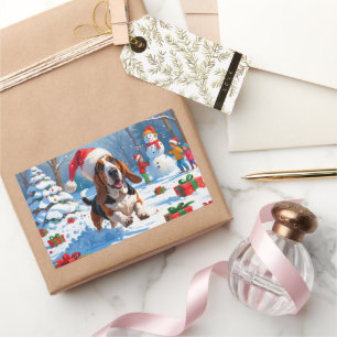 Basset Hound Jul Festiv Snö Scen Rektangulärt Klistermärke