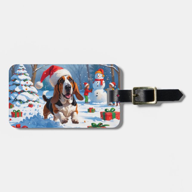 Basset Hound jul Festive Snö Scene Bagagebricka (Horisontell Framsida)