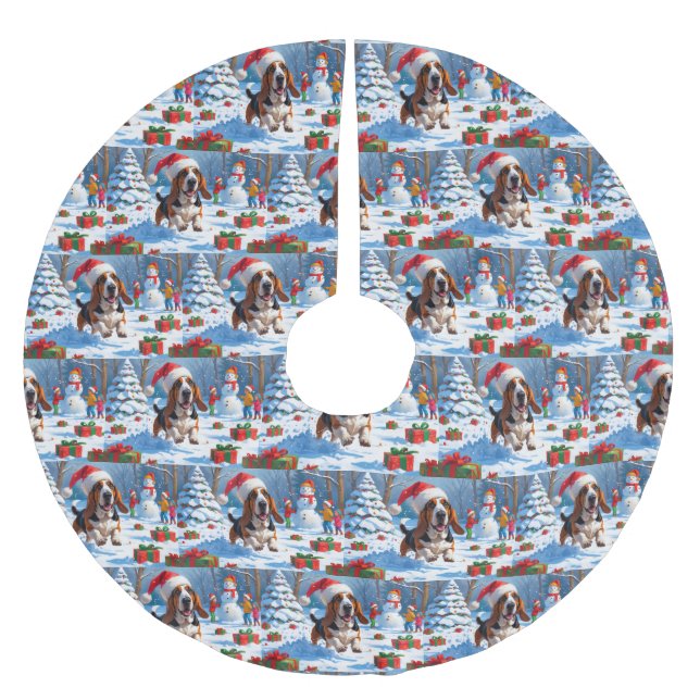 Basset Hound jul Festive Snö Scene Julgransmatta Borstad Polyester (Framsidan)