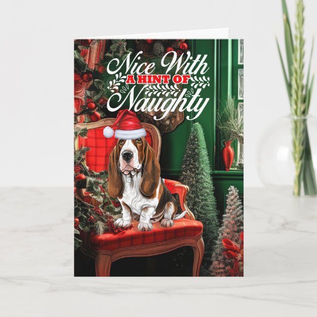 Basset Hound jul Hund Naughty eller Nice Helgkort (Framsida)