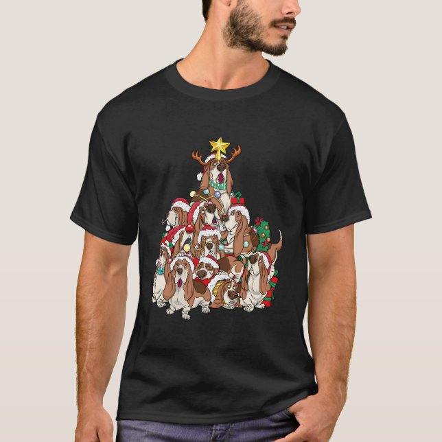 Basset Hound Jul Hund Träd Hund Santa Julafton Gif T Shirt (Framsida)