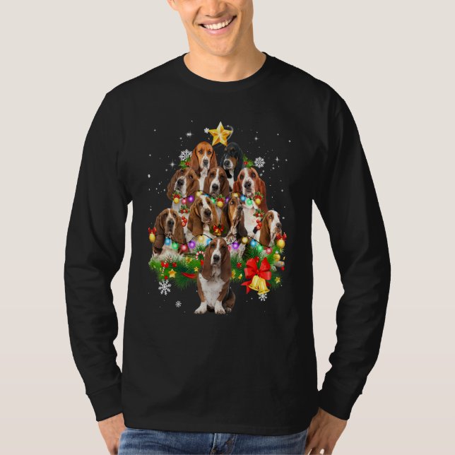 Basset Hound jul Hund Träd Ljus Pajamas Fam T Shirt (Framsida)