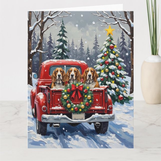 Basset Hound jul röd lastbil högtid Kort (Framsida)