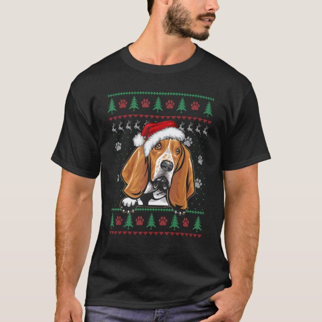 Basset Hound jul Ugly Sweater Hund älskare Julafto T Shirt (Framsida)