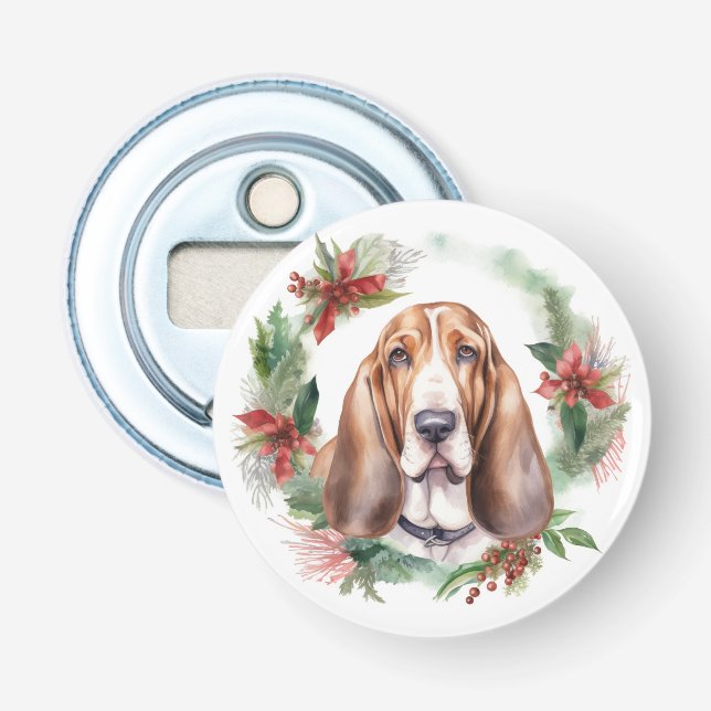 Basset Hound-jul Utandning Festive Valp Flasköppnare (Framsidan)